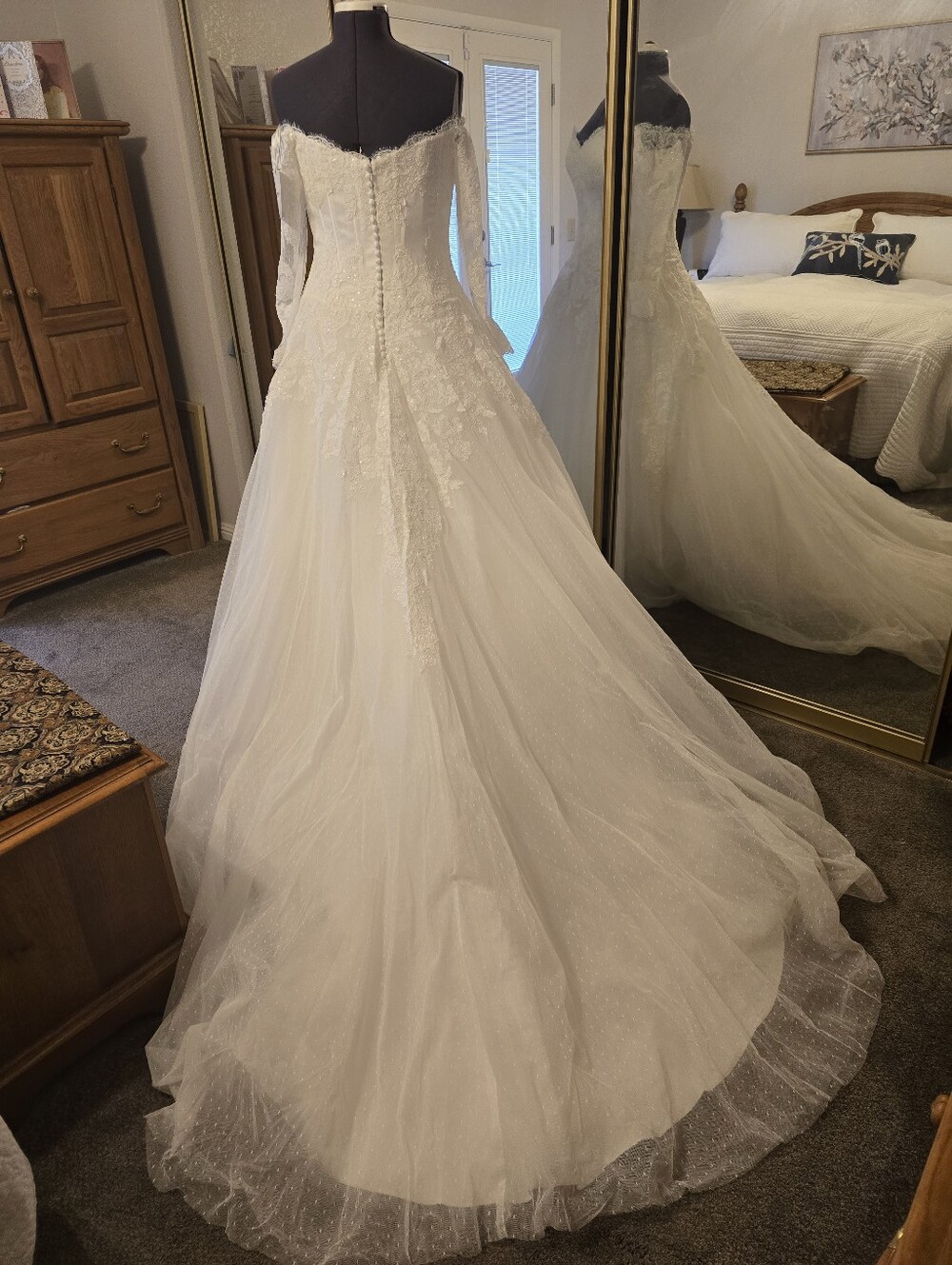 Off-Shoulder Long Sleeve White Lace Ball Gown Dress